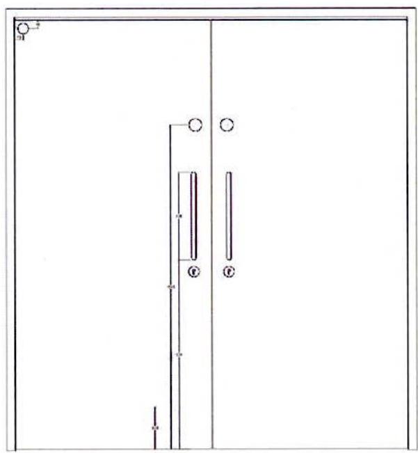 A technical architectural elevation drawing showing a double door with handles and dimension lines.
