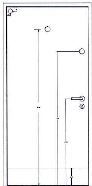 Architectural drawing showing the elevation and dimensions of an internal door, including hinge and handle details.