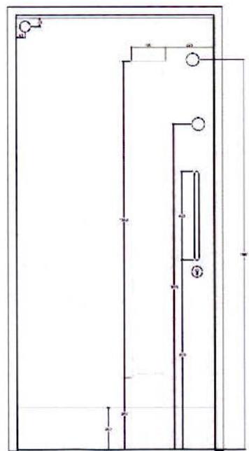 A technical architectural line drawing showing a floor plan or section with wall outlines, door swing arcs, and dimensions, illustrating internal door alterations.