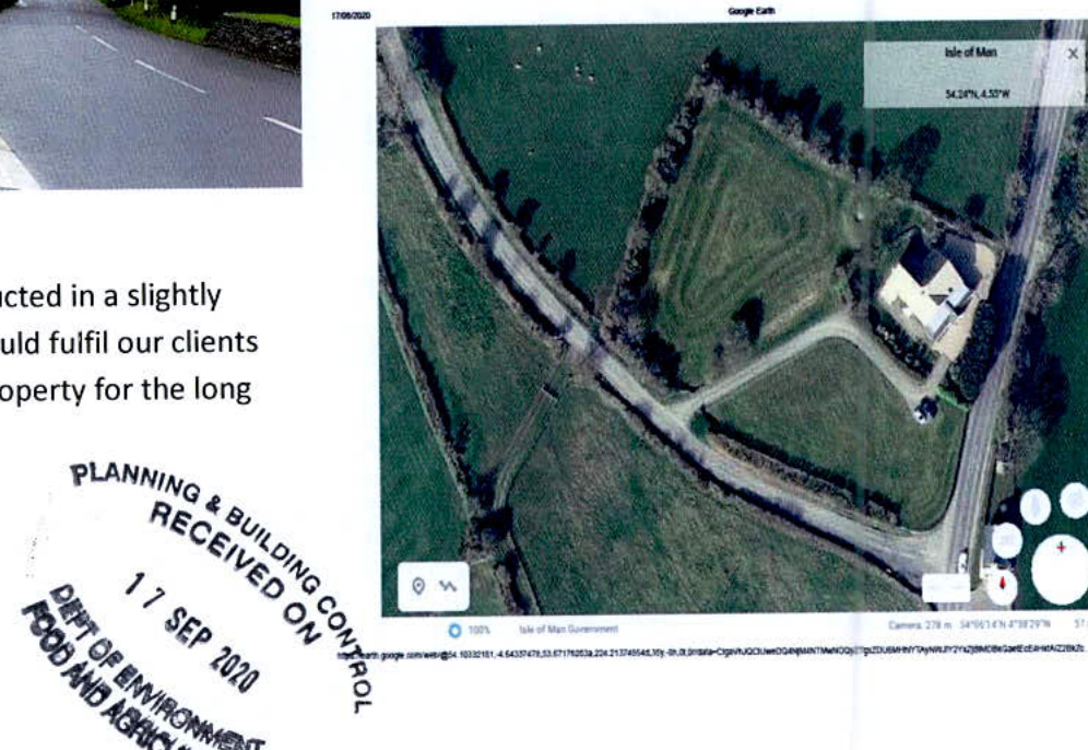 A document page displaying a Google Earth satellite map of a rural property with a driveway, accompanied by a planning department received stamp.