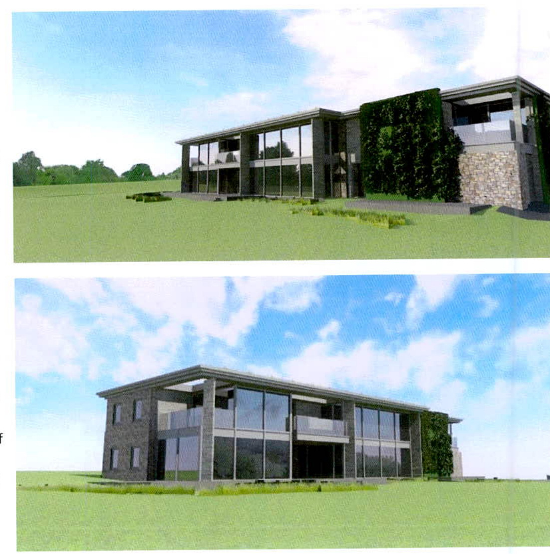 Two architectural renderings showing the exterior perspective views of a proposed modern detached house with stone cladding and large glass windows.