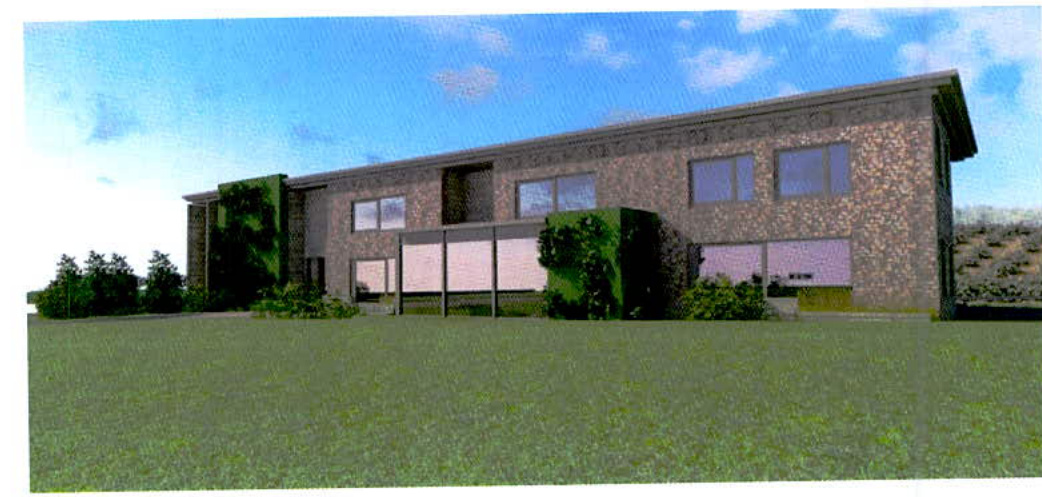 A 3D architectural rendering showing the proposed detached dwelling and triple garage with stone cladding and surrounding landscaping.