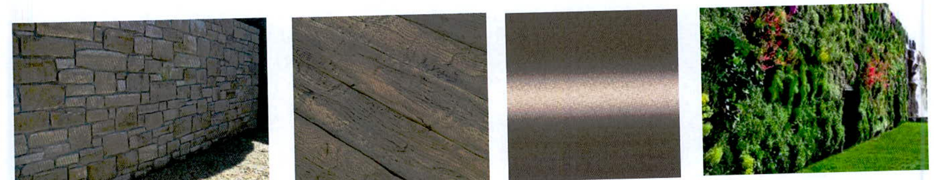 A materials schedule page displaying photographic samples of stone walling, timber cladding, textured render, and a vertical green wall.