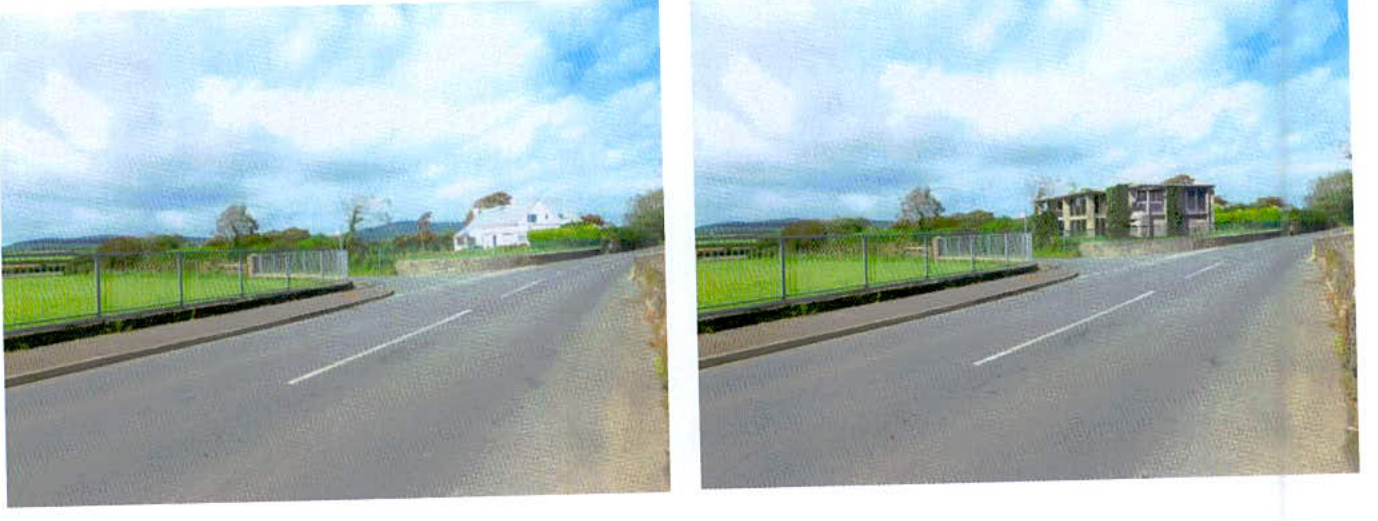 A stereoscopic pair of photographs showing a rural road with a white house and a building structure in the background.