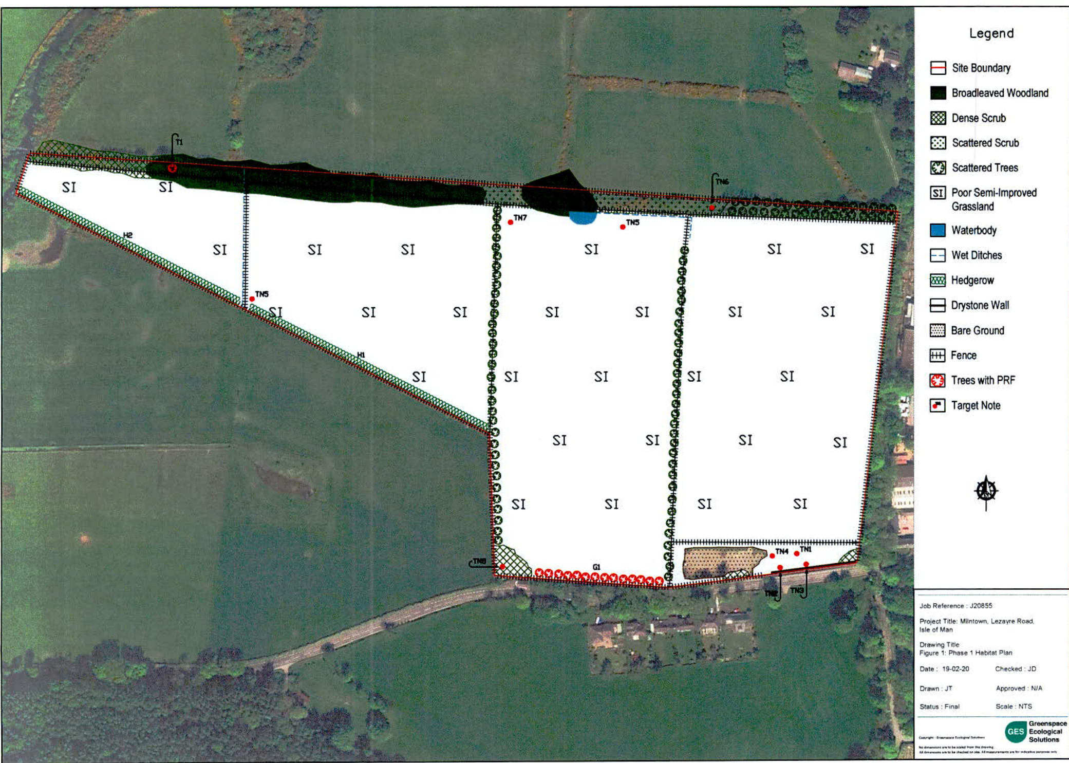 This image displays a habitat survey map overlaid on an aerial photograph, outlining a site boundary with symbols for vegetation and features like wet ditches and hedgerows.