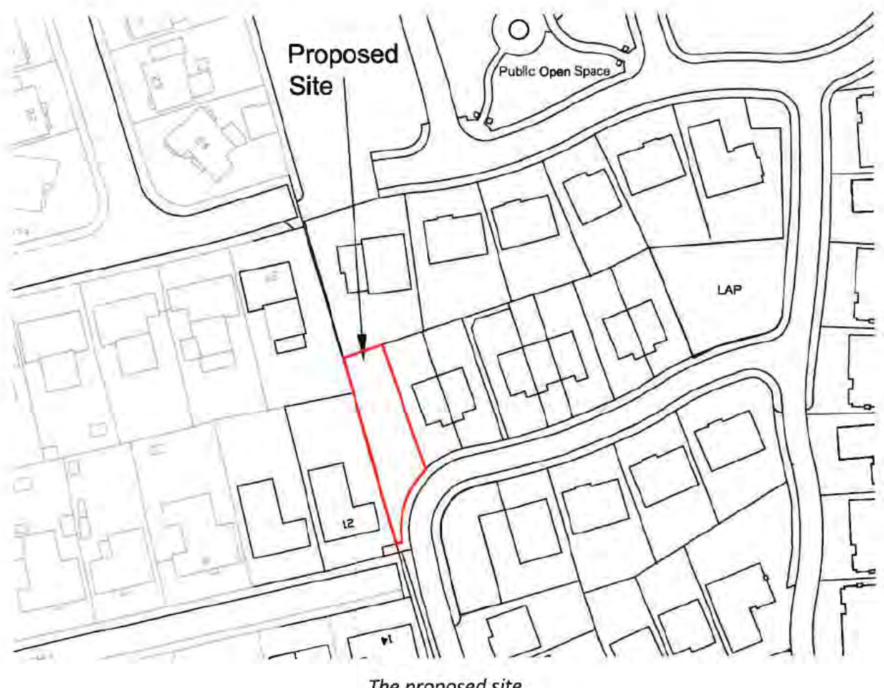 A site plan showing the proposed development site highlighted in red within a residential area, indicating boundaries and surrounding properties.