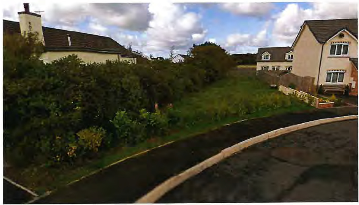 A street-level photograph showing a grassy plot of land bordered by hedges and neighboring residential houses along a paved road.