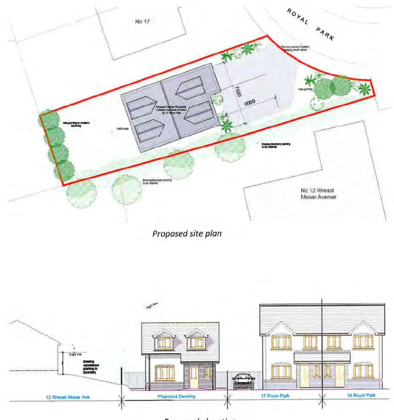 The image displays a proposed site plan showing the layout of a new detached bungalow on a plot, along with an elevation drawing illustrating the front facade of the proposed dwelling and its relation to neighboring p...