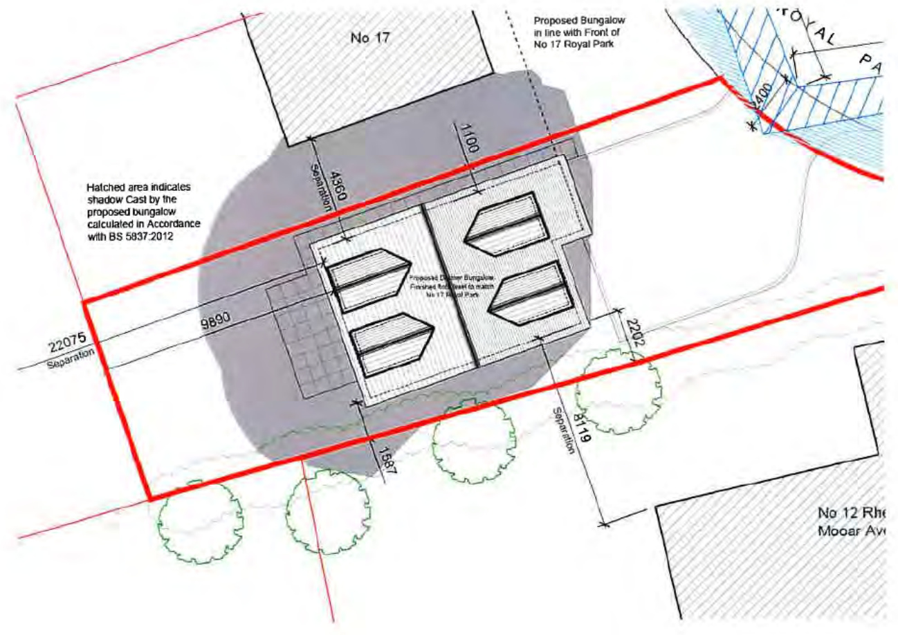 A technical site plan showing the proposed dormer bungalow layout with dimensions, boundary lines, and a shadow cast analysis area.