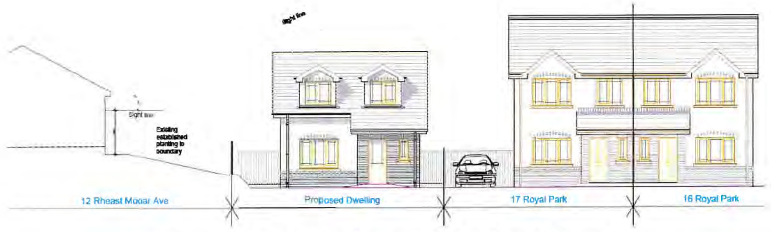 Architectural elevation drawing showing a proposed two-story dwelling with dormer windows situated next to existing houses at 17 and 16 Royal Park.