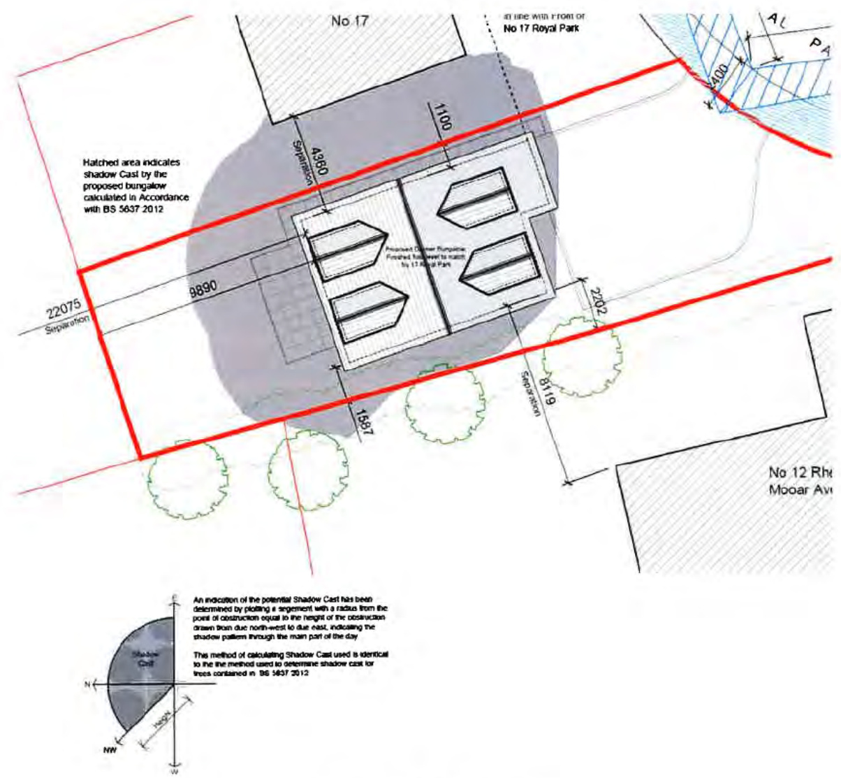 A site plan showing the layout of a proposed detached bungalow with dimensions, boundary lines, and a shadow cast analysis.