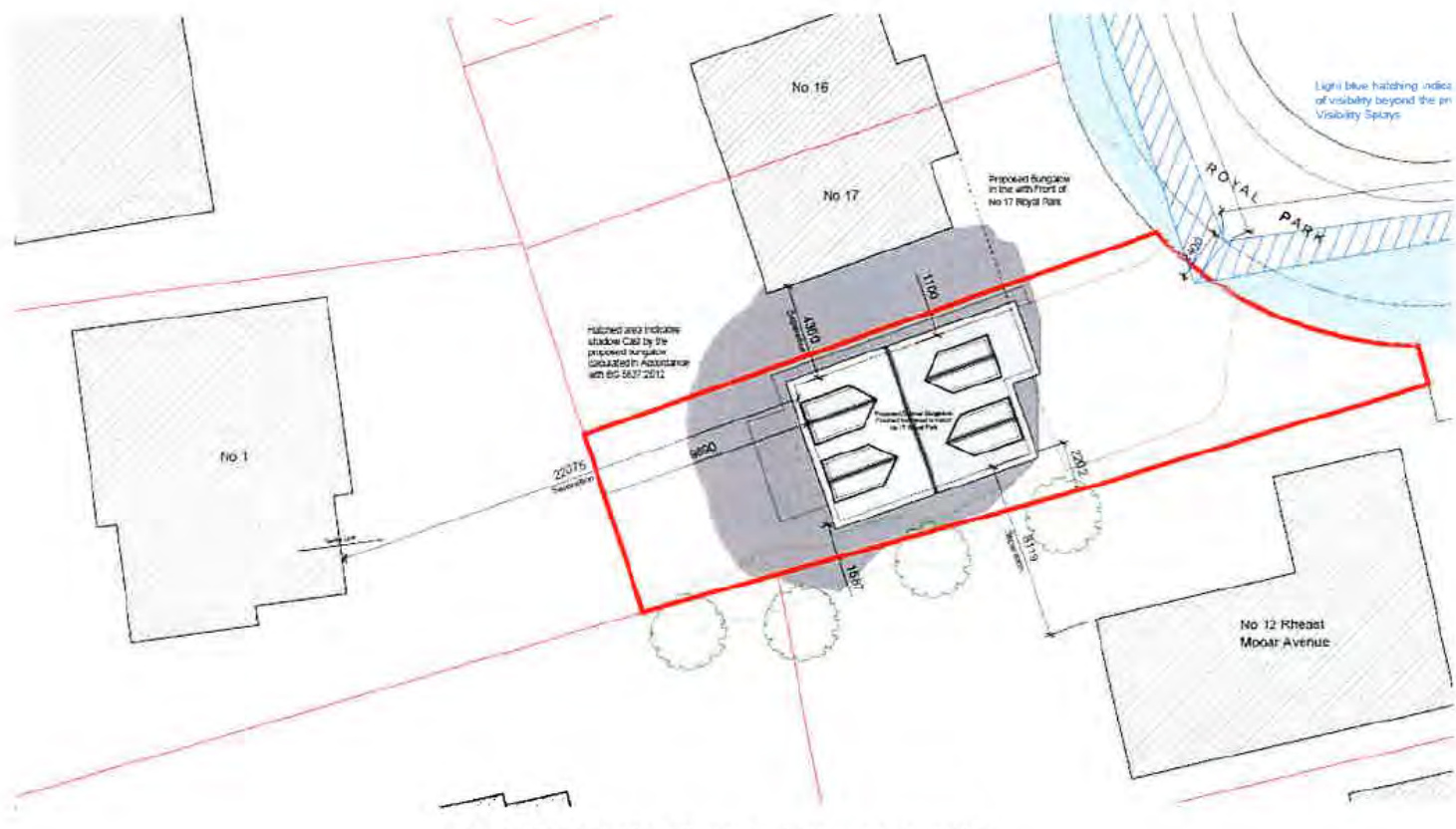 A site plan showing the proposed location of a new bungalow on a plot, surrounded by existing properties and marked with visibility splays.