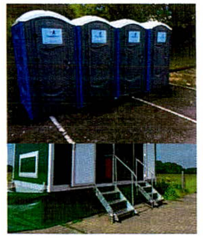 A composite image showing temporary facilities for a recreational site, featuring a row of portable toilets and a portable toilet block with steps.