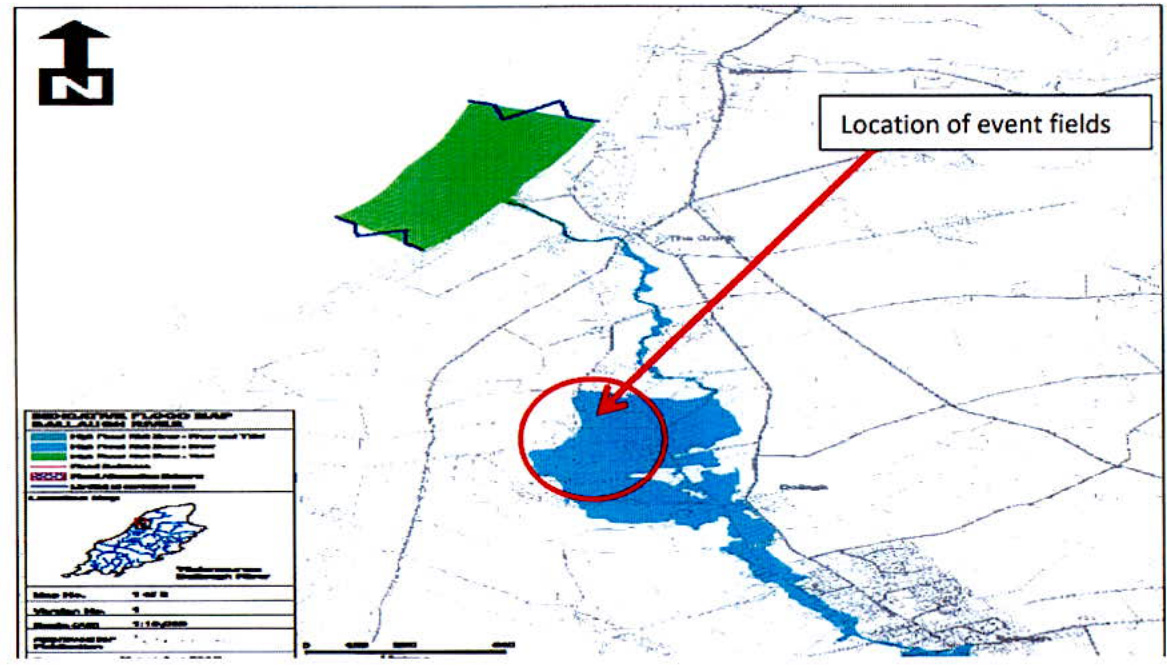 This image displays a sediment flood map for the Ballagh River, indicating flood risk zones with color coding. A red arrow points to the designated 'Location of event fields' circled in red near the river.
