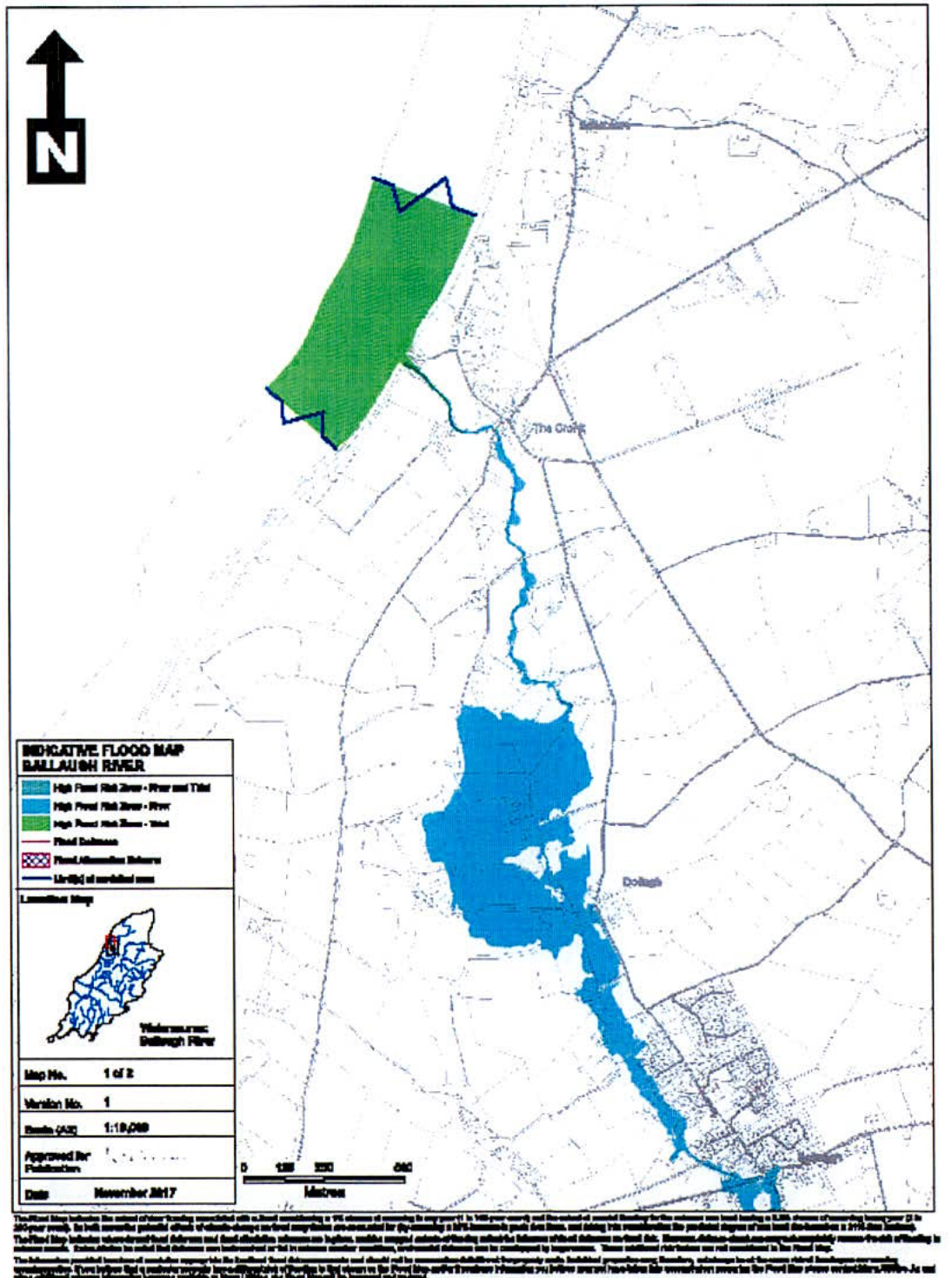An indicative flood map of the Ballaugh River area showing flood risk zones and a highlighted green parcel of land.