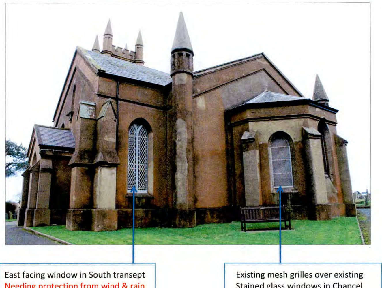 This image shows an annotated photograph of a historic stone church, with blue arrows pointing to specific windows in the South transept and chancel areas.