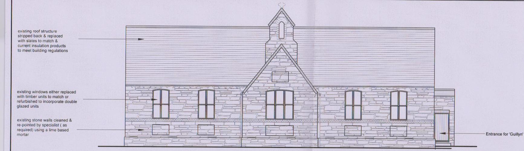 An architectural elevation drawing of a stone building showing proposed alterations to the roof, windows, and masonry for a registered building consent application.