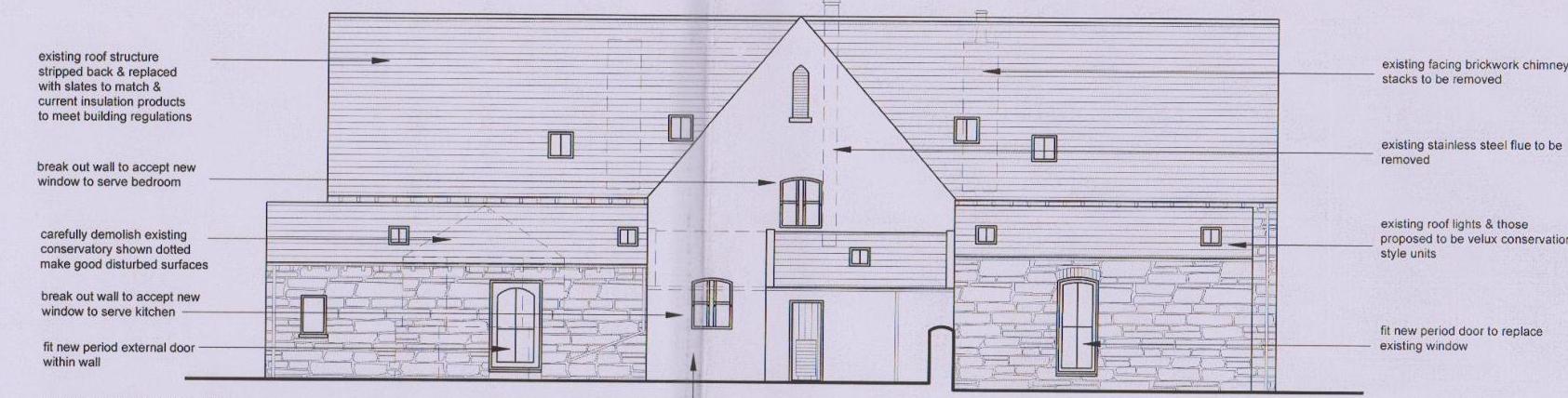 Architectural elevation drawing detailing proposed structural alterations, new openings, and roof changes for a building conversion project.