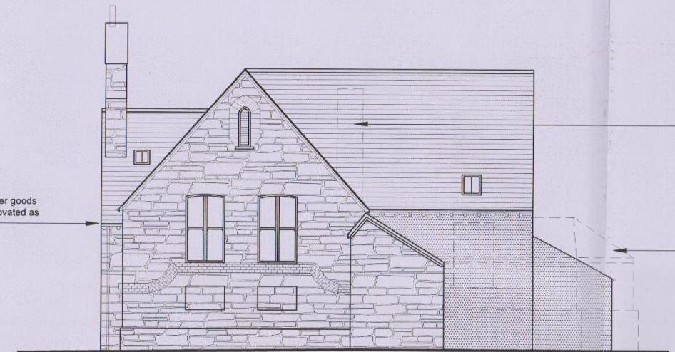 This is an architectural elevation drawing showing the side view of a stone building with a gable end and an attached wooden structure, likely part of a conversion project.