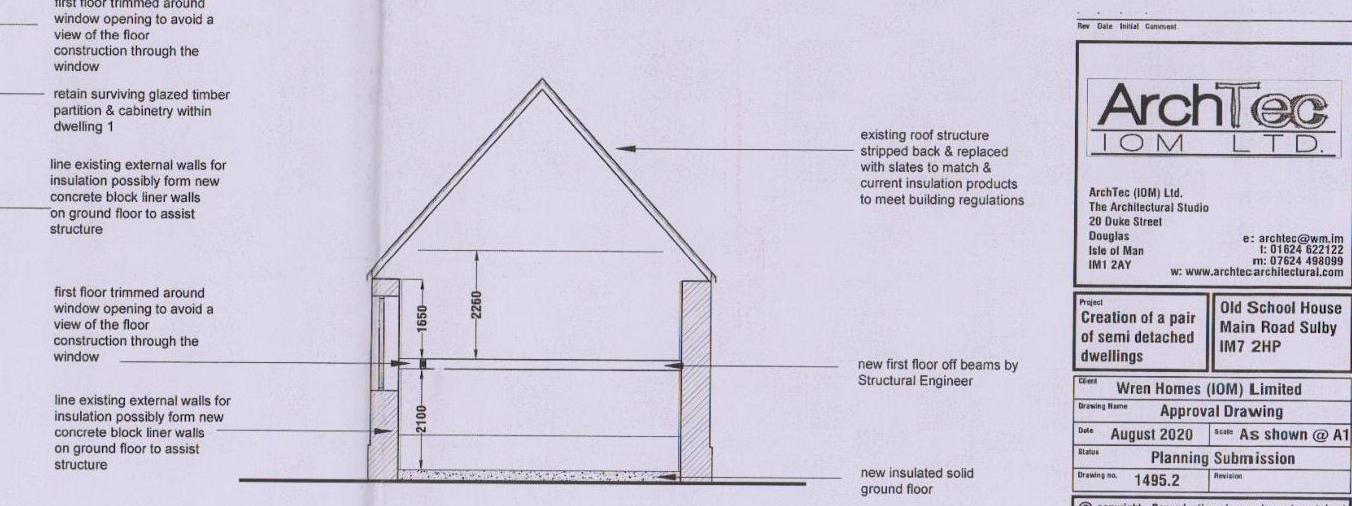 Architectural section drawing illustrating the structural conversion of a building into semi-detached dwellings with detailed annotations and dimensions.