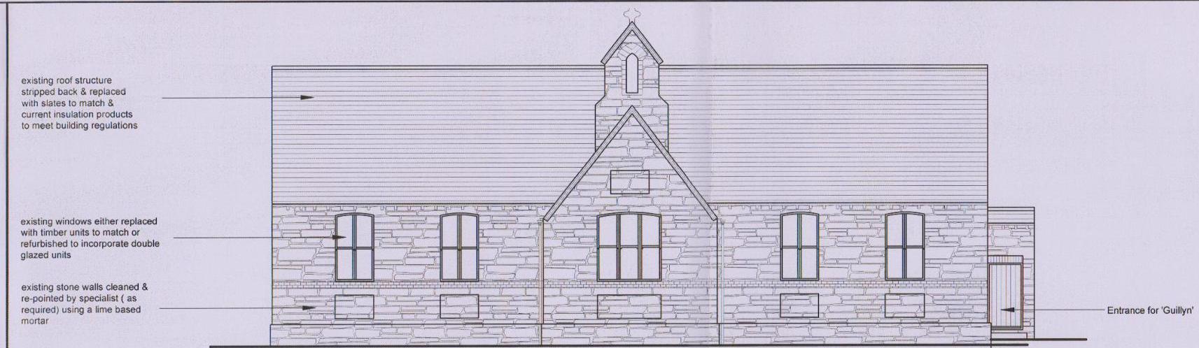 Architectural elevation drawing showing proposed roof replacement, window upgrades, and stone wall re-pointing for a stone building.