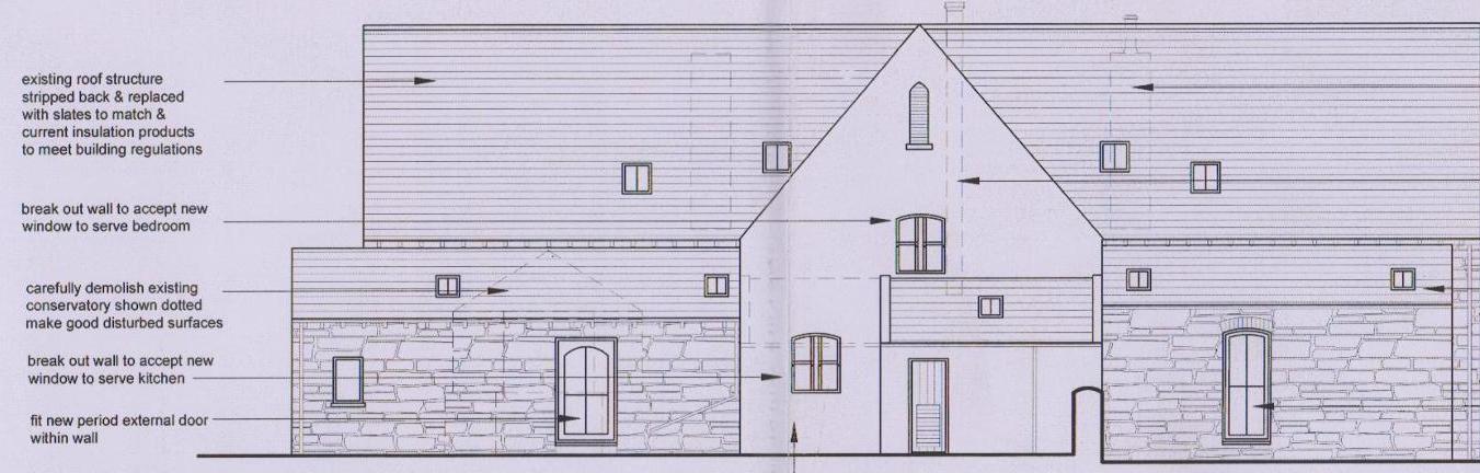 Architectural elevation drawing showing proposed alterations to a house, including roof replacement, new windows, and conservatory demolition.