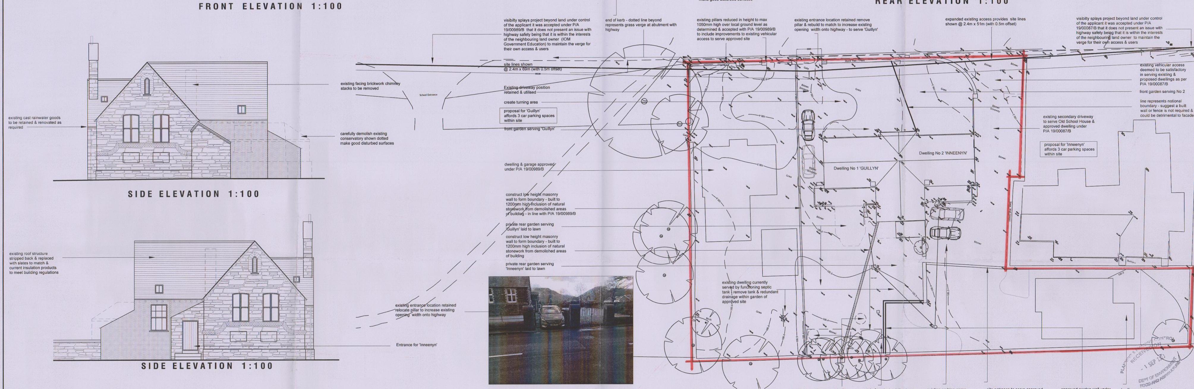 Architectural drawing sheet displaying front and side elevations of a two-story house alongside a site plan showing trees, parking, and boundaries.