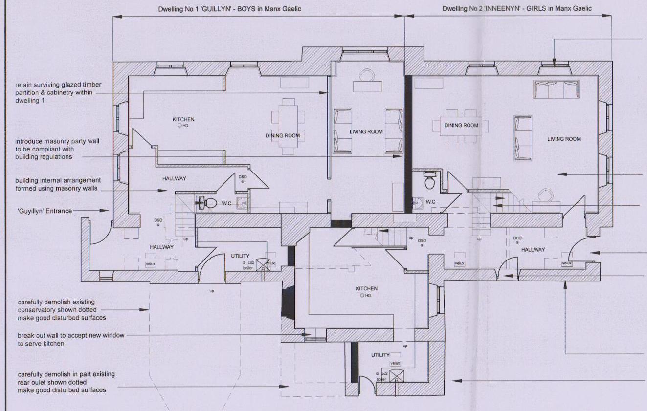 Architectural floor plan showing the conversion of a single dwelling into two semi-detached units with detailed room layouts and construction notes.