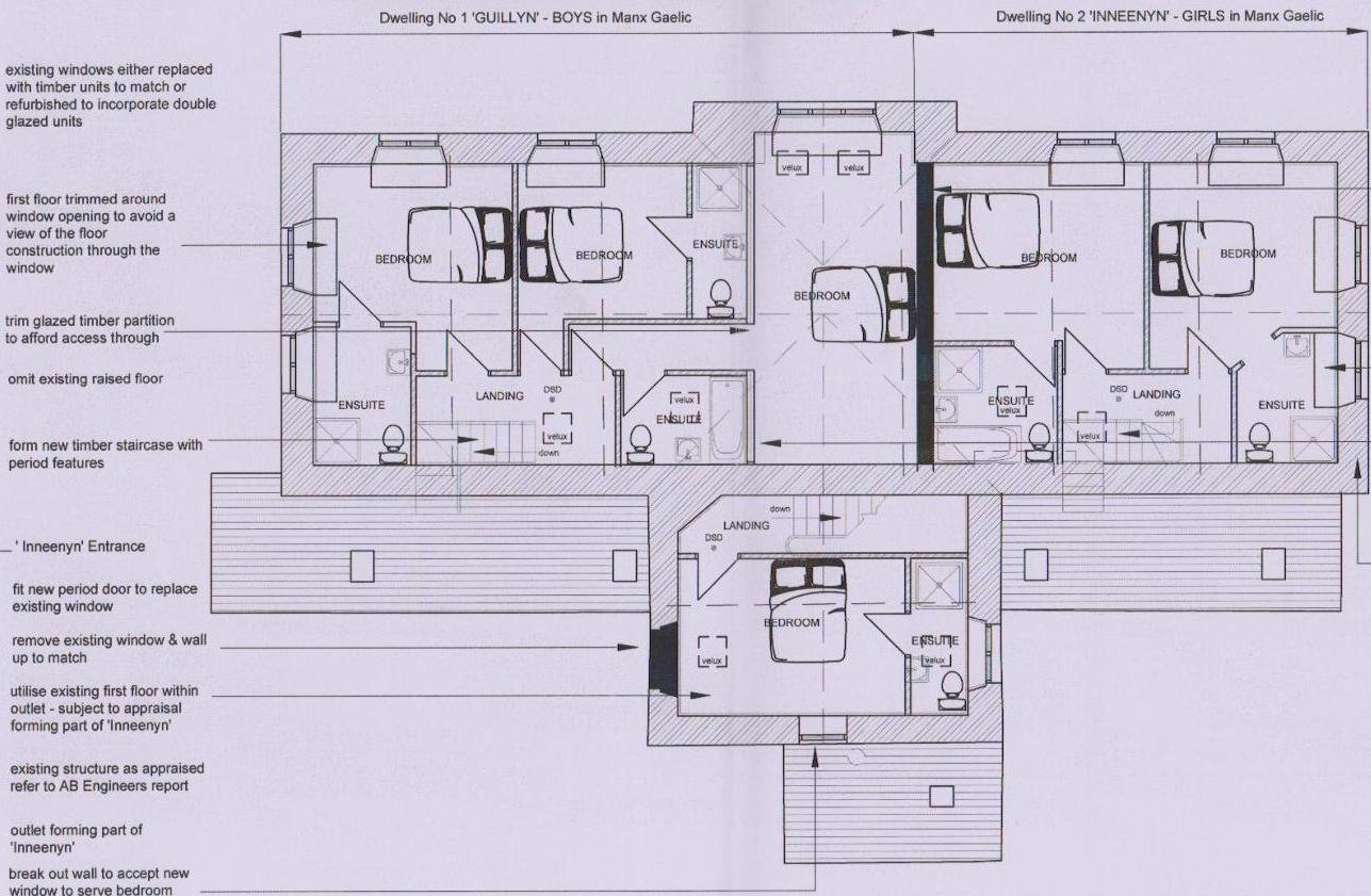 This image displays a first-floor architectural floor plan illustrating the conversion of a single detached dwelling into two separate semi-detached units.