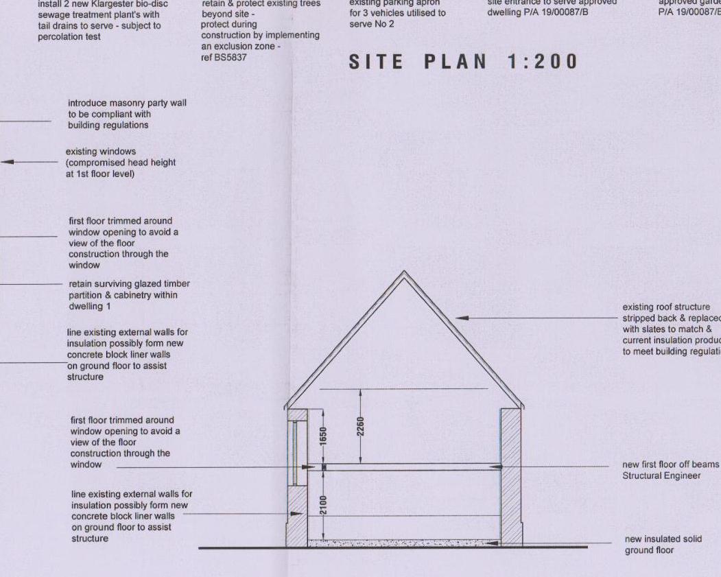 Architectural cross-section drawing detailing structural modifications for converting a detached house into semi-detached dwellings, including party wall and insulation specifications.