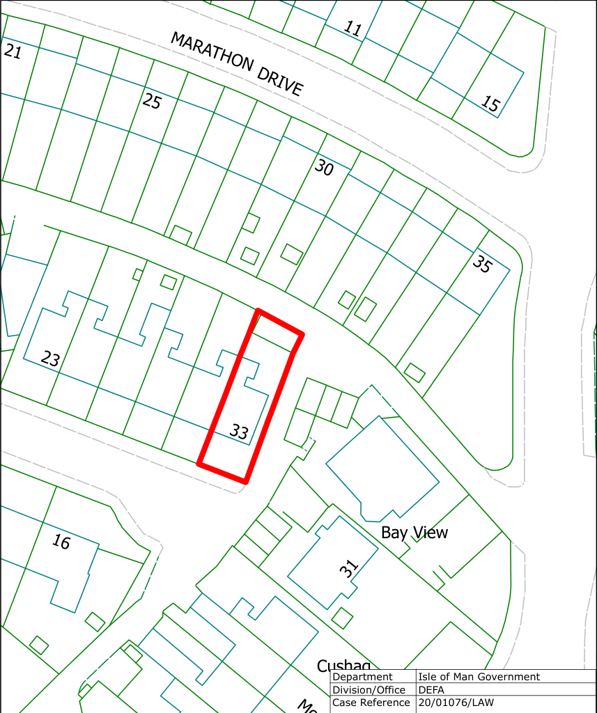 A site plan showing property boundaries and building footprints along Marathon Drive, with the subject property (number 33) highlighted in red.
