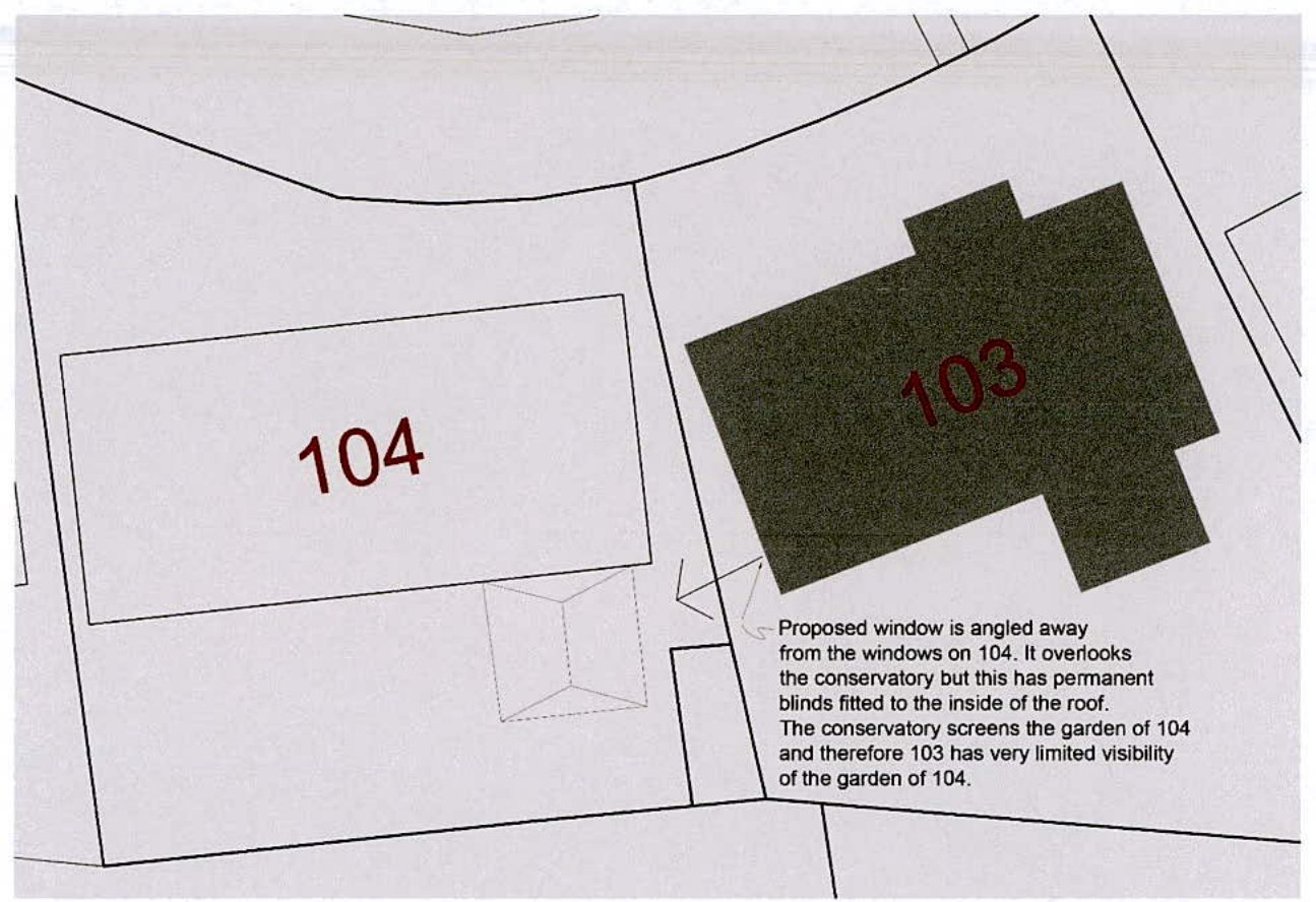 A site plan diagram illustrating the relationship between properties 103 and 104, specifically detailing a proposed window's impact on the neighbor's garden visibility.