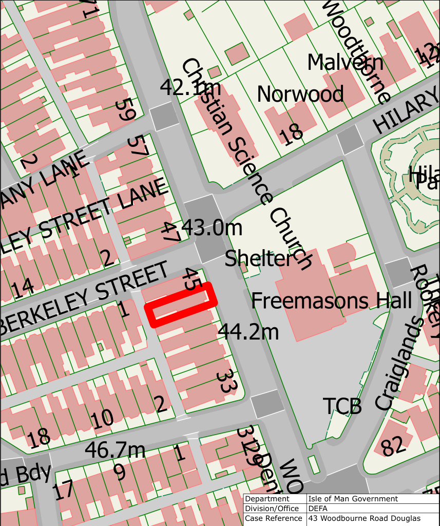 A site location map displaying property boundaries and building footprints, with a red rectangle highlighting the subject property at 45 Berkeley Street.