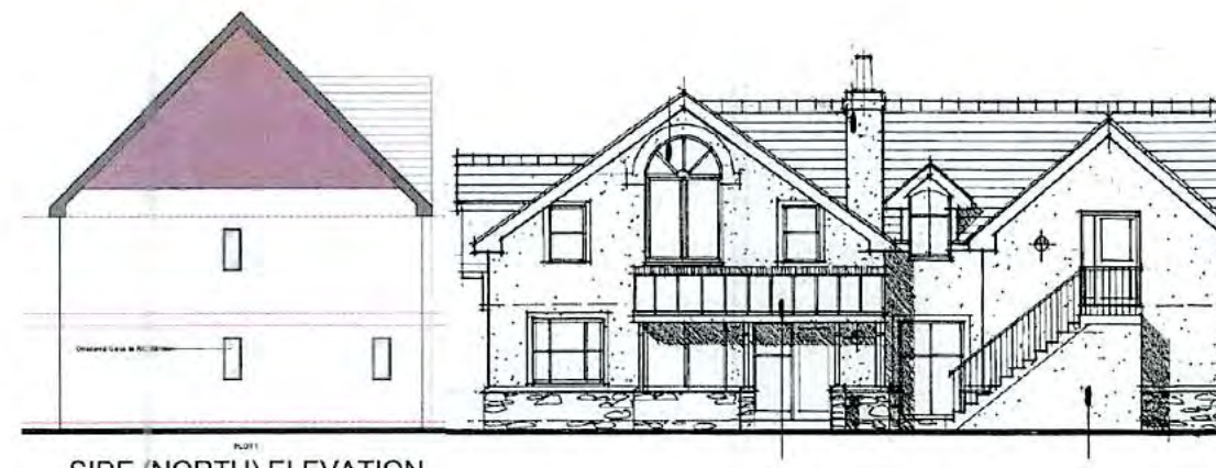 This image shows an architectural elevation drawing labeled 'SIDE (NORTH) ELEVATION', depicting the proposed design of a two-story house with a balcony and chimney.
