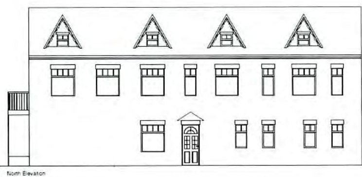This image displays a black and white architectural line drawing labeled 'North Elevation' showing the facade of a long building. It illustrates a terrace of houses or apartments with multiple windows and roof dormers.