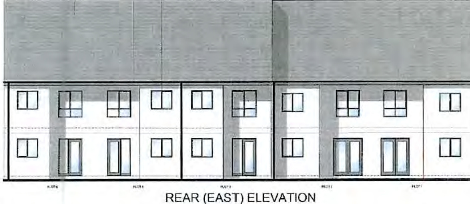 Architectural elevation drawing showing the rear facade of a row of terraced residential units.