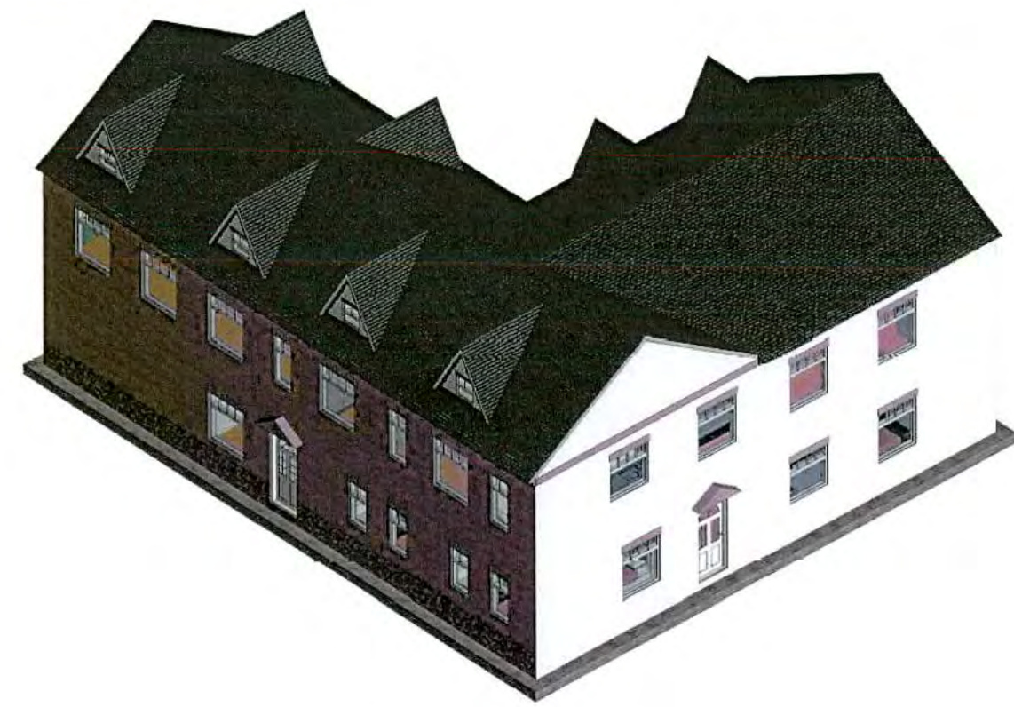 A 3D architectural rendering of a proposed terraced housing block showing brick and white rendered facades with a pitched roof and dormer windows.