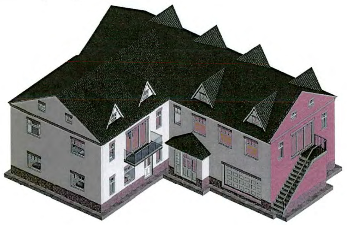 A 3D architectural rendering of a proposed multi-unit dwelling featuring a complex roofline with dormer windows, a balcony, and an integrated garage.