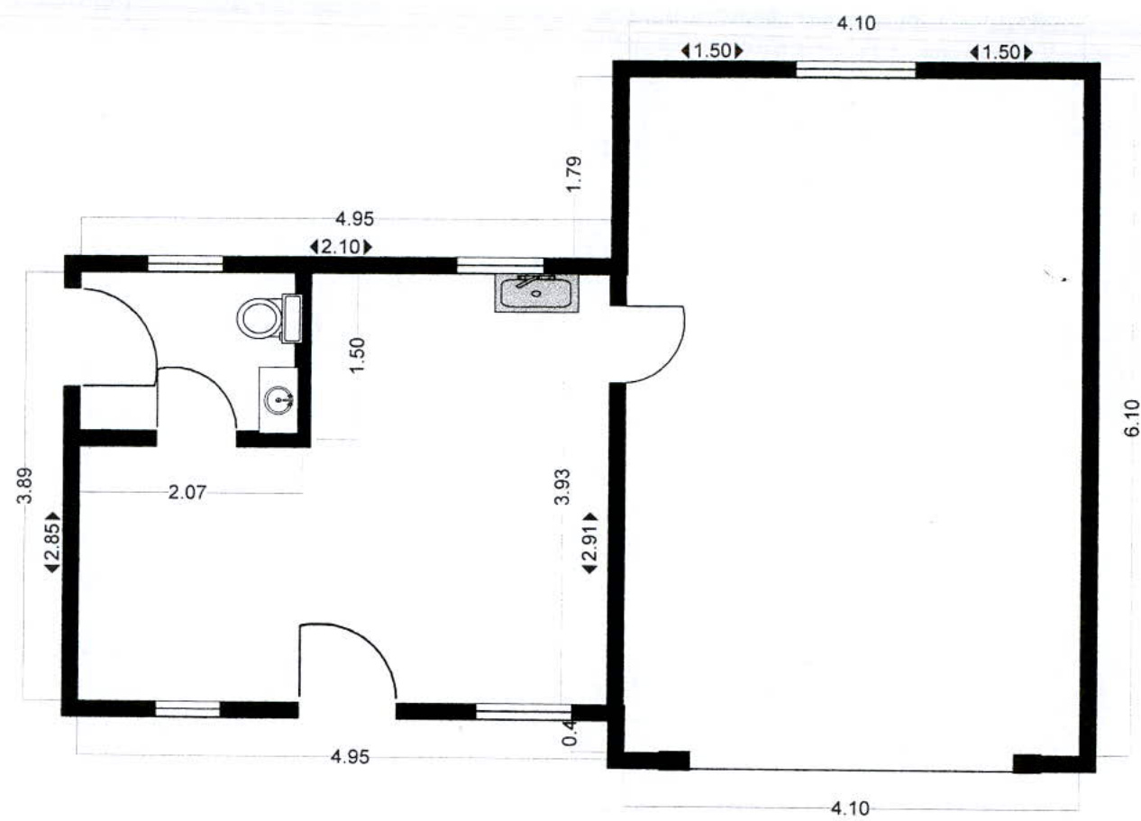 A black and white architectural floor plan showing a bathroom layout with a toilet, sink, and bathtub, connected to a larger adjacent room with detailed dimensions.