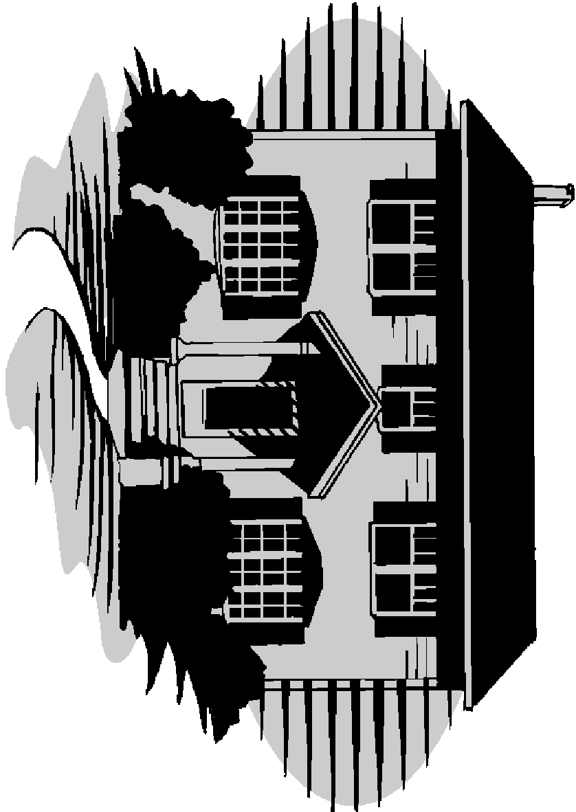 A black and white architectural elevation drawing of a house, oriented sideways.