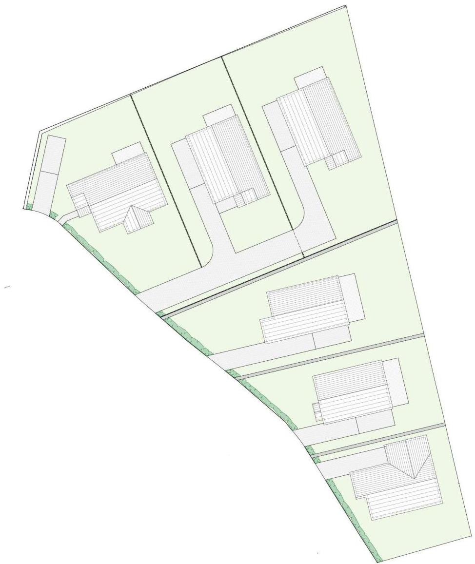 This image shows a site plan layout for a proposed development of six detached dwellings. It illustrates the arrangement of houses, access roads, and landscaping on the plot.