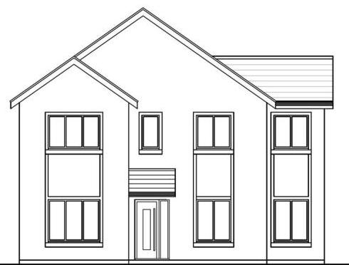 Architectural elevation drawing of a two-story detached house showing windows, door, and roofline.