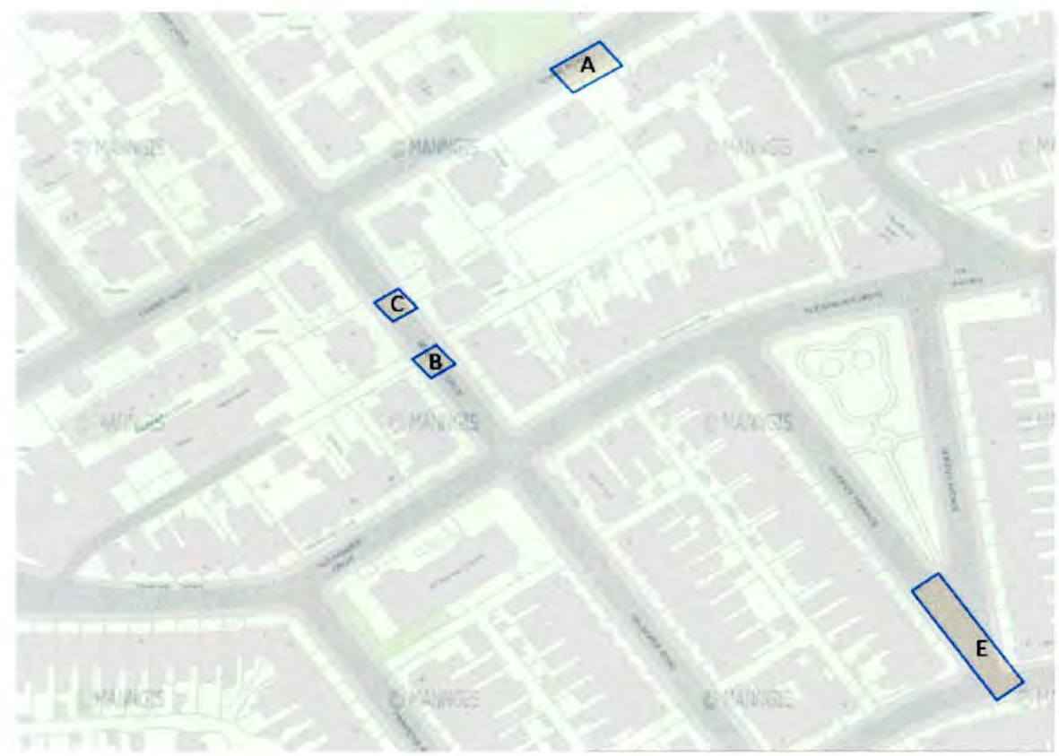This image displays a location map or site plan showing an aerial view of a street layout with specific areas highlighted by blue boxes labeled A, B, C, and E. It appears to be a planning document illustrating the pro...