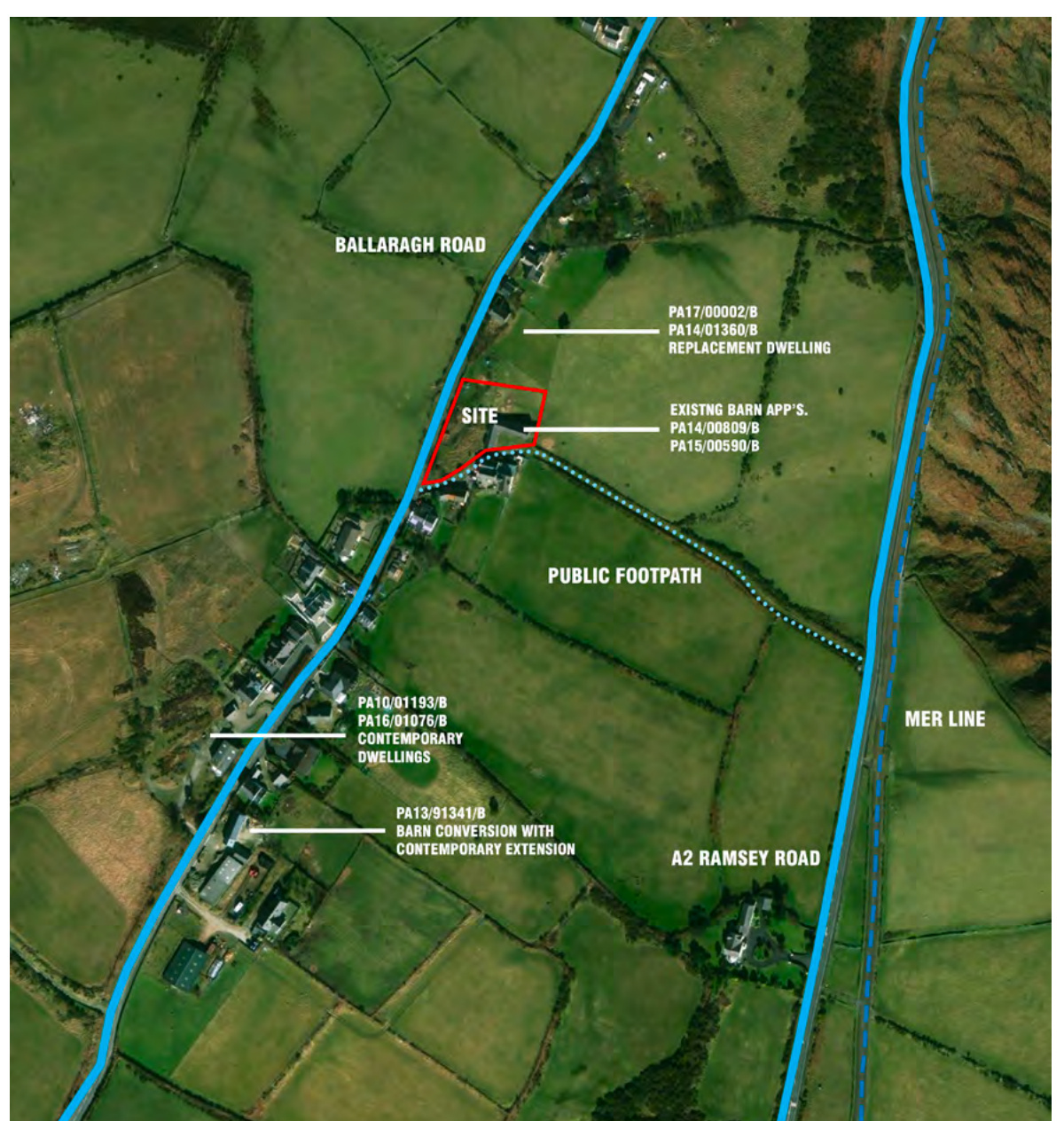 Aerial site location plan showing the red-outlined development site near Ballaragh Road and surrounding rural fields.