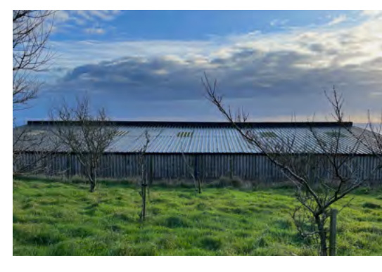 A photograph showing a long, single-story agricultural building with a corrugated roof situated in a grassy field with young trees.