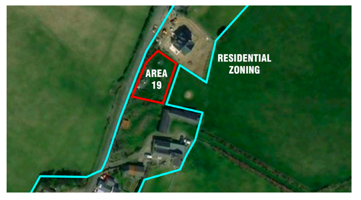 An aerial site plan showing a specific plot labeled 'AREA 19' outlined in red within a larger 'RESIDENTIAL ZONING' area outlined in blue.