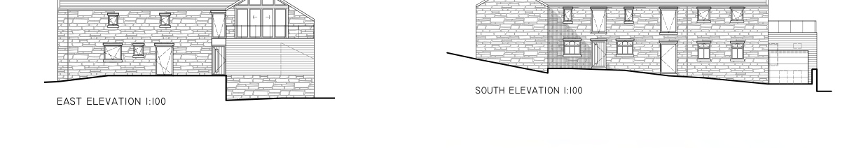 Architectural elevation drawings displaying the East and South facades of a proposed stone residential building.
