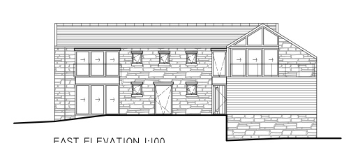 The image displays a technical architectural line drawing labeled 'East Elevation 1:100', showing the side view of a two-story residential building with mixed stone and timber cladding.