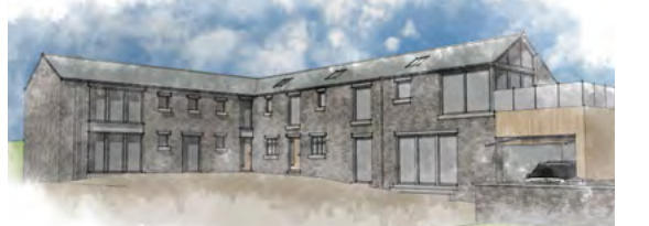 Architectural perspective sketch of a stone residential building featuring a garage and multiple windows.