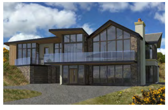 A photorealistic 3D architectural rendering of a proposed modern two-story detached house featuring a balcony, stone cladding, and large windows.
